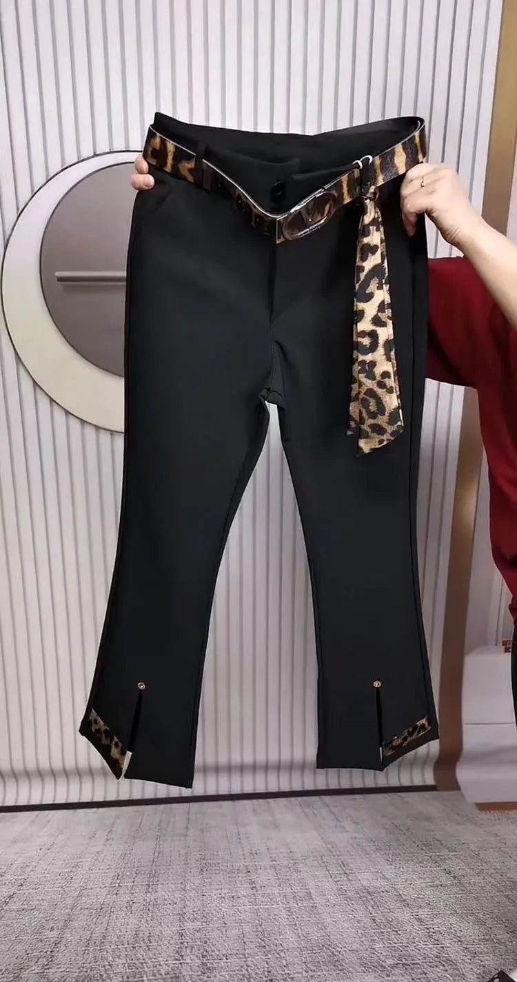 Spring Autumn new color blocking elastic micro bell pants for women high waist slim with leopard print flared cropped pants 2025