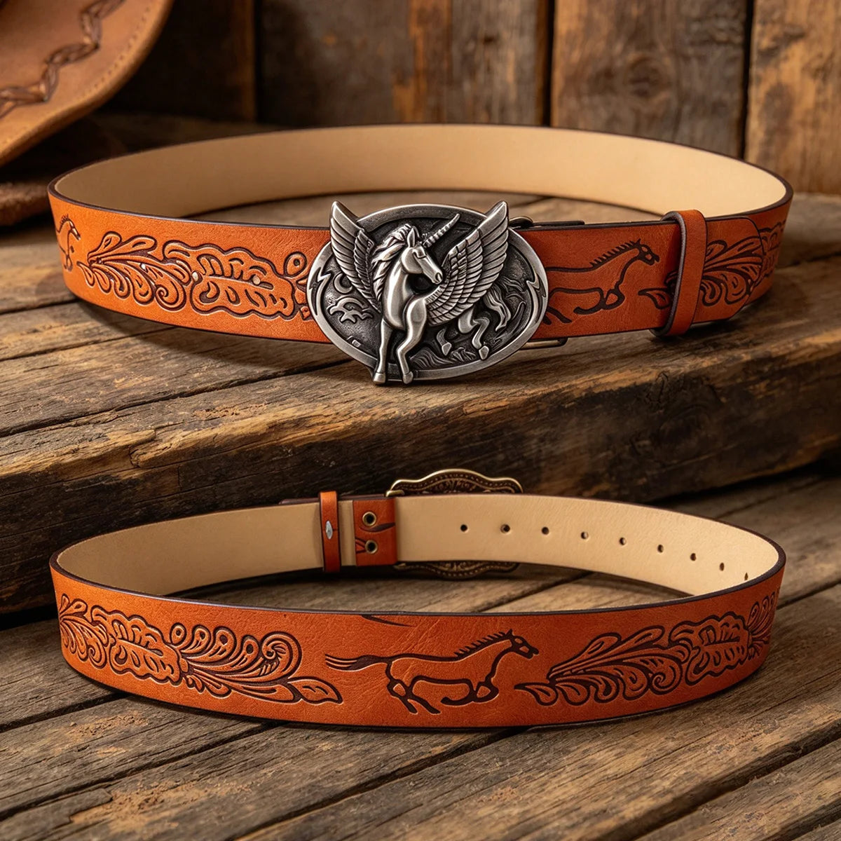 Western Cowboy Designer PU Leather Belt for Men and Women Waist Strap Horse Decoration Floral Engraved for Jeans Trousers