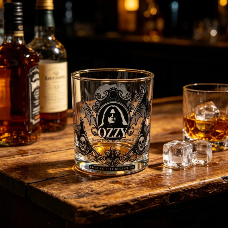 Gothic Skull Bat Whiskey Glass, Ozzy Inspired Gold Rim Cocktail Glass