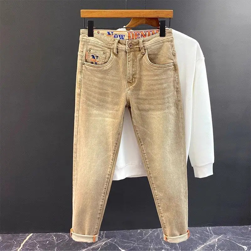 High-end 2026 Luxury Brand Clothes Khaki Jeans Men's Light Luxury Washed Casual Elastic Slim Small Feet Embroidered Long Pants