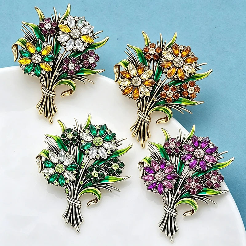 PENDRA Crystaline 4-Color Rhinestone Flower Brooch