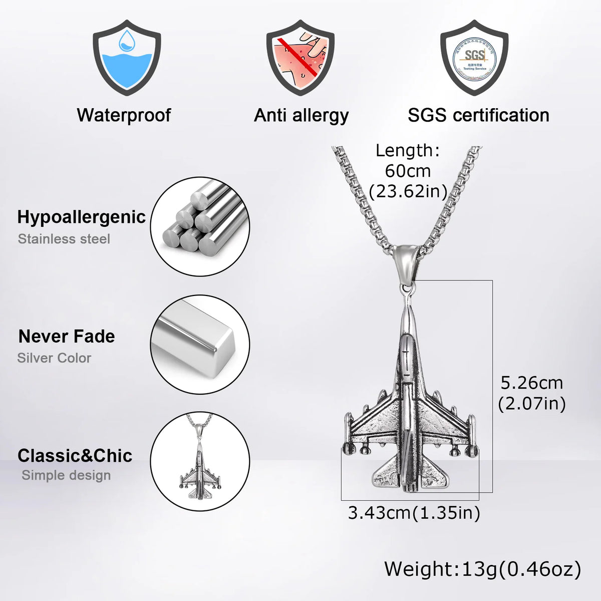Vintage Fighter Jet Pendant Necklace for Men,Stainless Steel Military Airplane Charm Necklace,Pilot Jewelry Gift