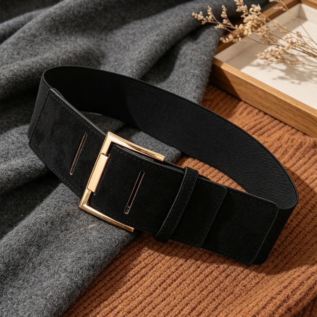 Vintage Waist Cincher Belt -Minimalist Suede Wide Belt for Women Adjustable Black Corset Strap with Pin Buckle for Pants Dresses