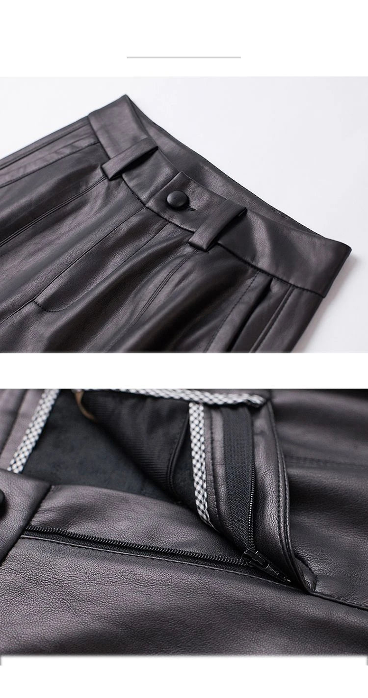 Casual leather pants women in autumn new high waisted loose fitting solid color wide leg nine inch Haren balloon pants