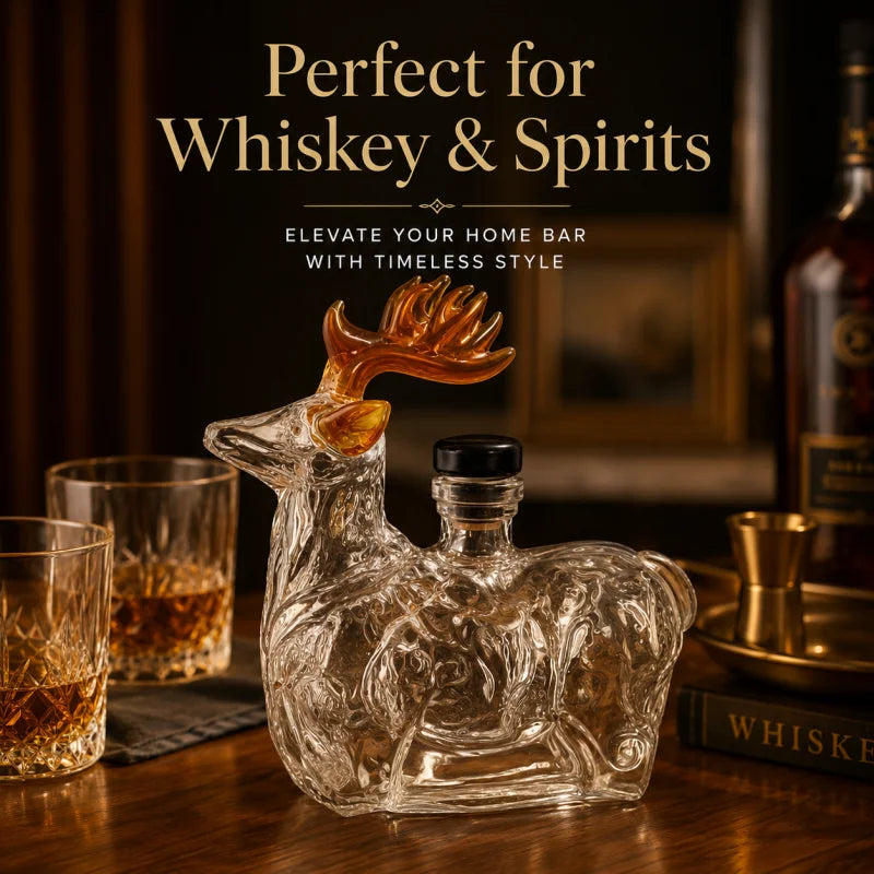 Creative Reindeer Shaped Liquor Decanter Clear Glass Alcohol Bottle with Black Stopper for Bar Cabinet Display