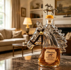 Blanton's Horse Head Shaped Crystal Whiskey Decanter, Bronze Horse Rider Stopper Liquor Bottle, Kentucky Bourbon Spirits Storage