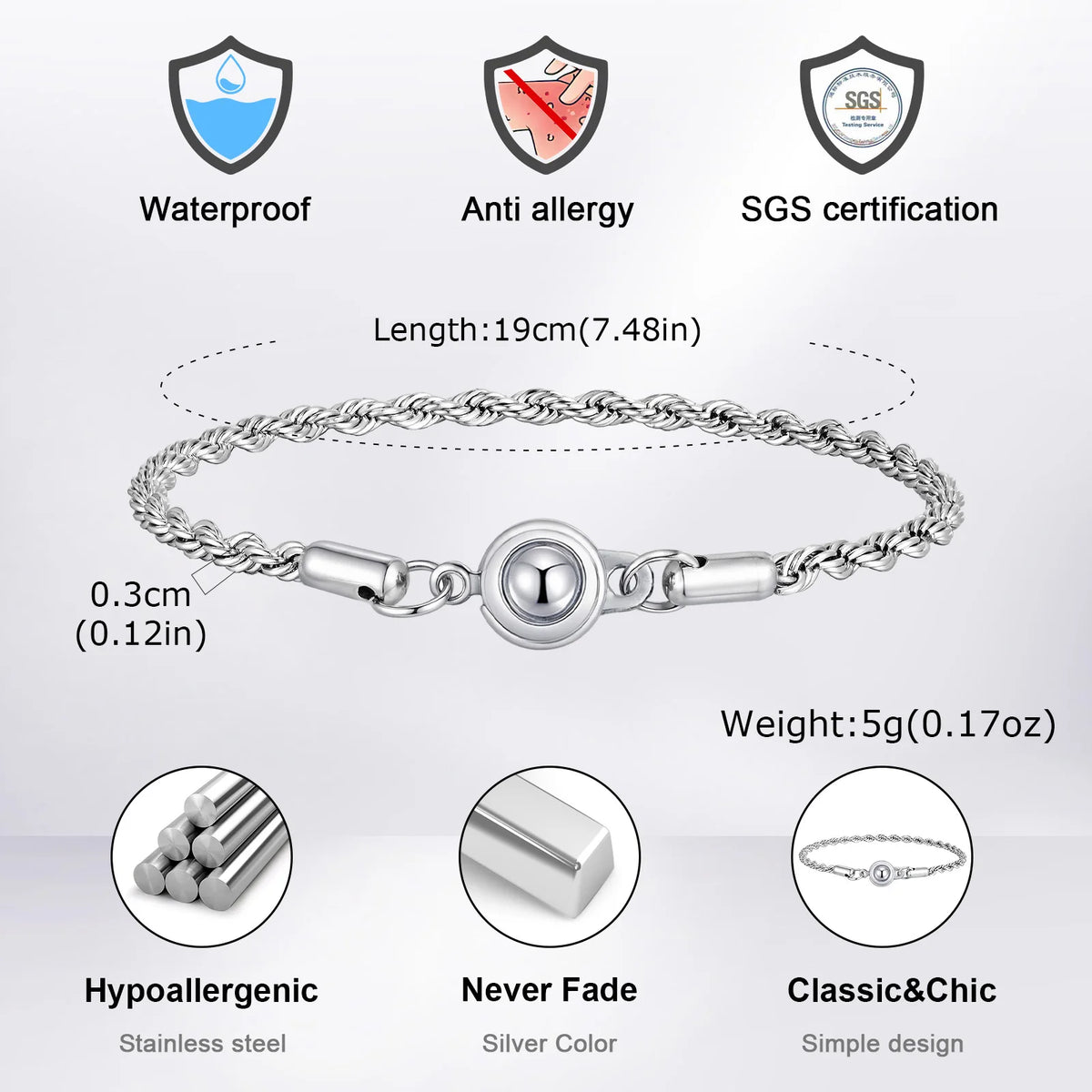 Simple Button Chain Bracelets for Men Boys,Stainless Steel Twisted Rope Chain Wristband,Causal Jewelry Gift