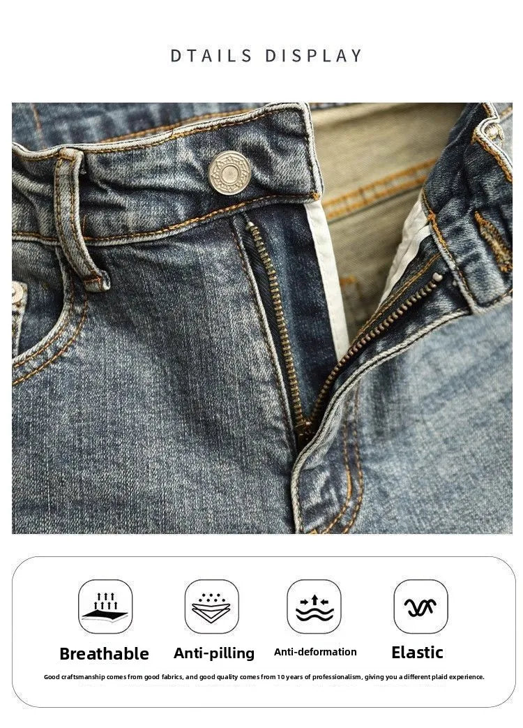 Men's Cropped Jeans Slim Fit Korean Trendy 2026 Spring Summer Blue Youth Trendy High-end Motorcycle Pants Men Man Trousers