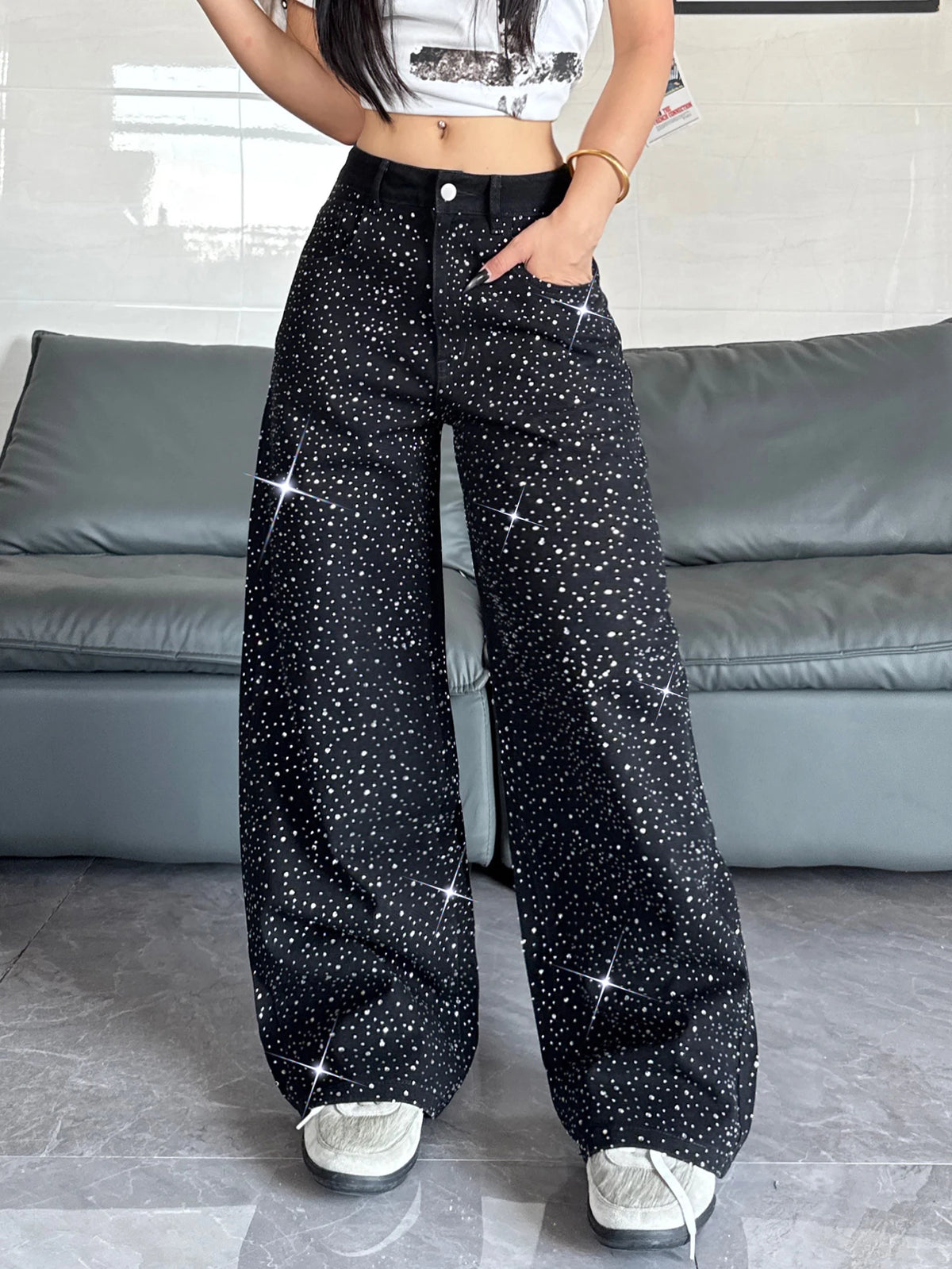 Women's American Retro Washed Niche Design Hot Diamond Black High-Waisted Jeans, Casual, Loose And Versatile Wide-Leg Pants, Trendy Straight Trousers