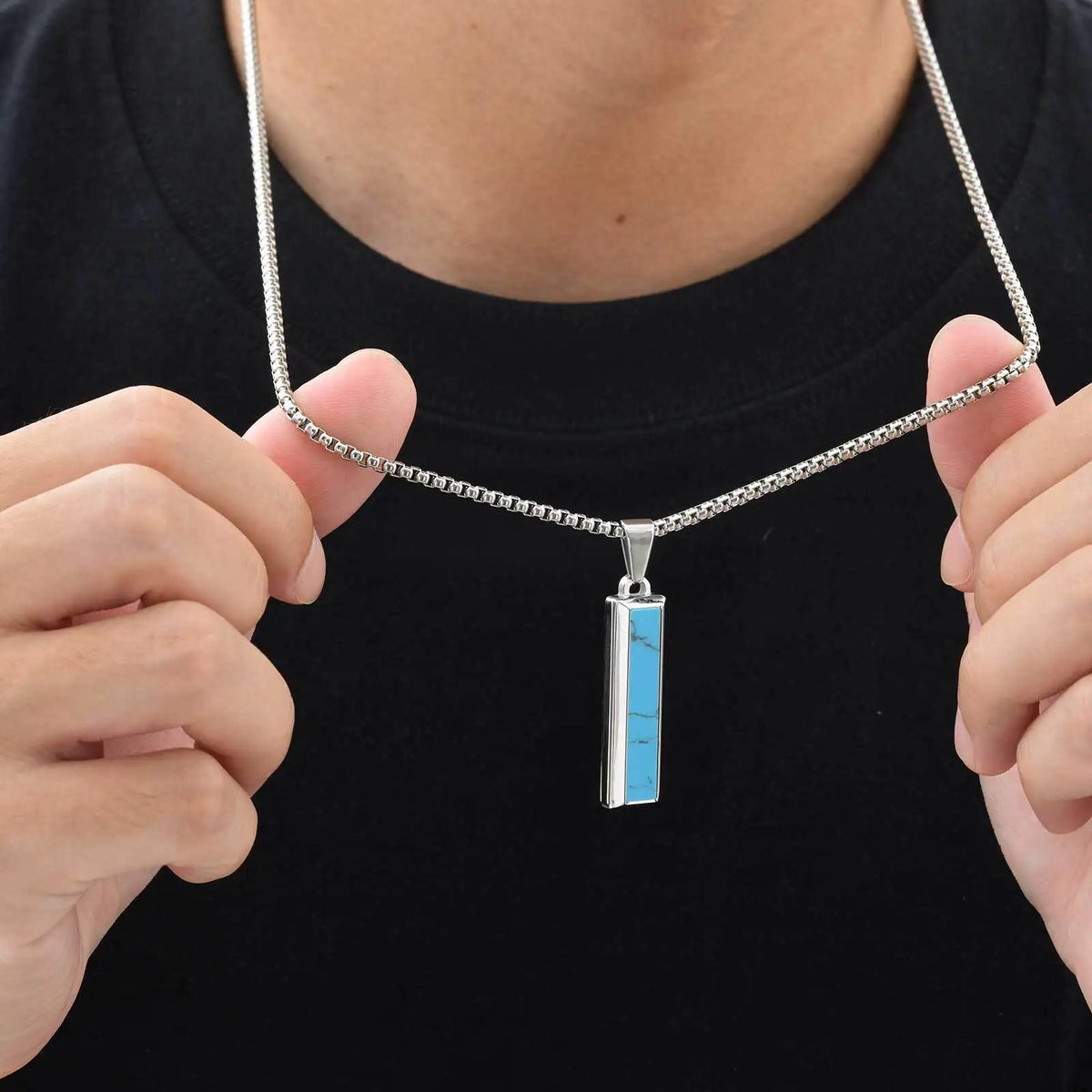 Punk Geometric Necklace for Men Boys,Stainless Steel Natural Turquoise Vertical Pendant,Birthday Partry Anniversary Father Gift