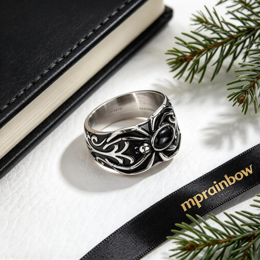 Vintage Punk Men's Spider Signet Ring,Stainless Steel Natural Stone Black Onyx Ring Jewelry Accessory Gift for Him