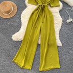 Fashionable casual lapel collar short sleeved cinched waist jumpsuit women's summer new solid color wide leg long pants