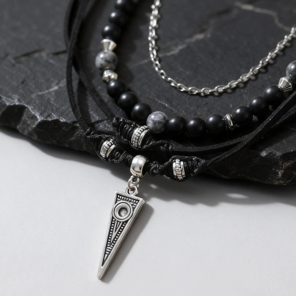 Rock Punk Layering Necklace for Men,Casual Multi Layer Black Leather Necklace,Waterproof Small Geometric Pendant Gift