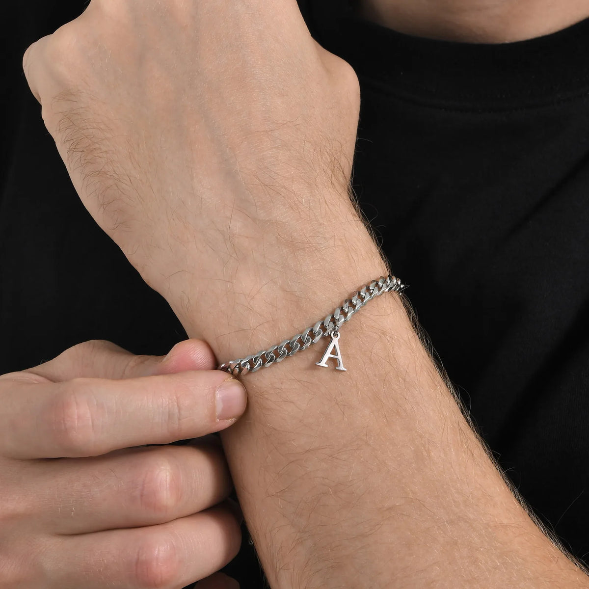 Mens Initials Cuban Links Bracelets,Stainless Steel A-Z 26 Letters Alphabet Charm Chain Wristband Adjustable,Casual Jewelry Gift