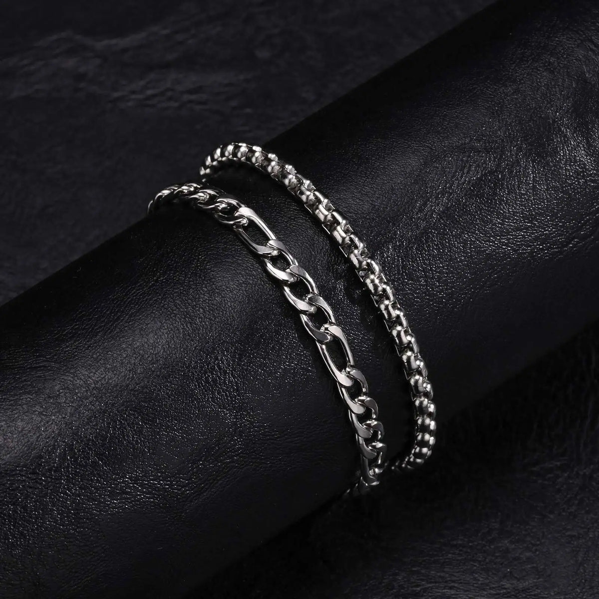 2pcs/set Men's Chain Bracelets,4mm Stainless Steel Box Chain Bracelet,5mm Figaro Chain Link Wristand,Simple Jewelry Gift