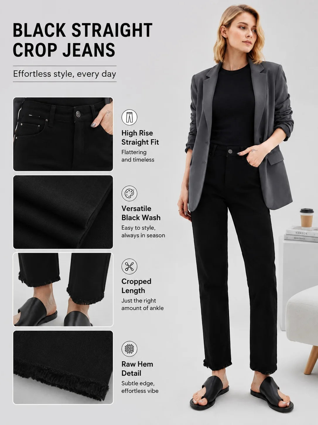 New Women's High-Quality Raw Edge Hem Slim Fit Straight Leg Jeans, Multi-Pocket, Button Design, Women's Jeans & Apparel