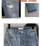 Casual Spring and Autumn Slim Denim Pencil Pants Men's Jean 2024 New Broken Hole Slim Fit Beggar Design High Street Washed Jeans