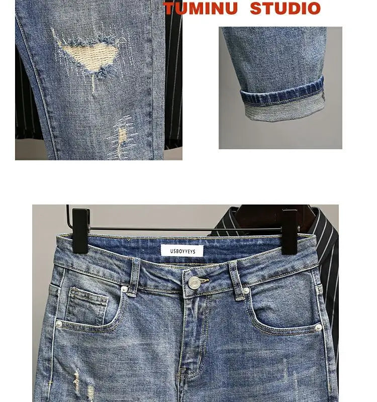 Casual Spring and Autumn Slim Denim Pencil Pants Men's Jean 2024 New Broken Hole Slim Fit Beggar Design High Street Washed Jeans