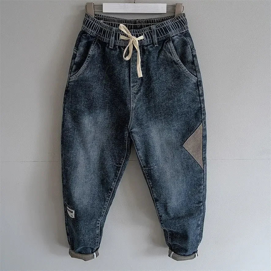 Loose Elastic Waist Denim Jeans Spring Autumn Spliced Harem Pants Men's Casual Pants 2024 Korean New Stretch Baggy Cargo Jeans
