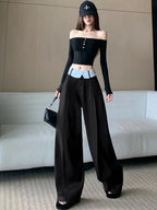 Suit wide leg pants women's autumn and winter striped patchwork high waisted casual fashion versatile straight leg pants