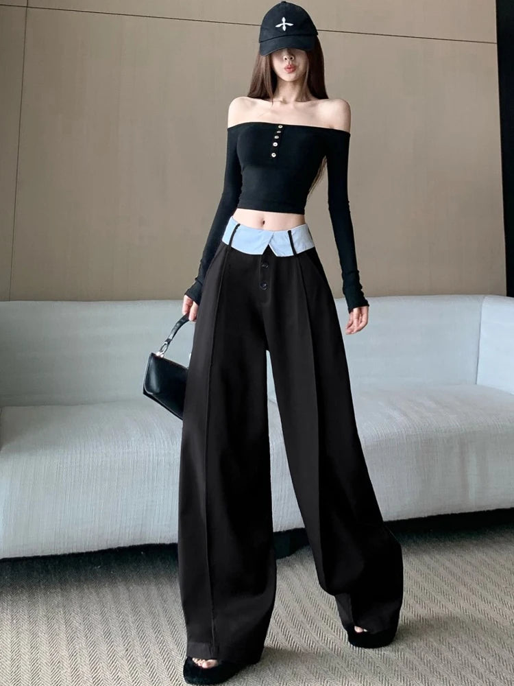 Suit wide leg pants women's autumn and winter striped patchwork high waisted casual fashion versatile straight leg pants