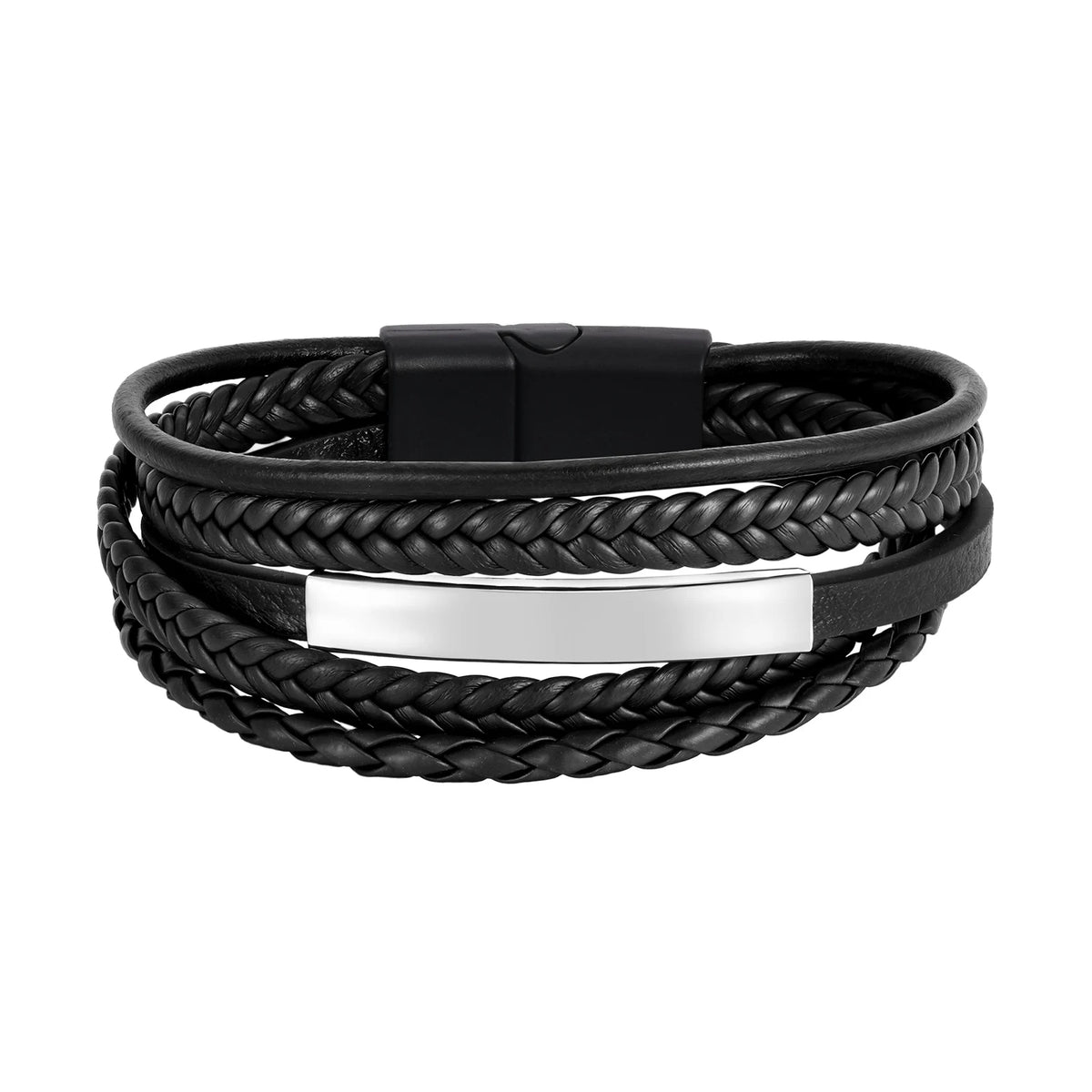 Black Multi Layers Leather Bracelet for Men,Metal Tube Charm Handmade Braided Rope Leather Bracelet,Gift for Husband Dad Son