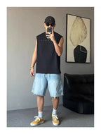 Fashion 2026 New Retro Personalized Ripped Denim Shorts Men's Summer Trendy Brand Ruffian Handsome Straight Baggy Medium Pants