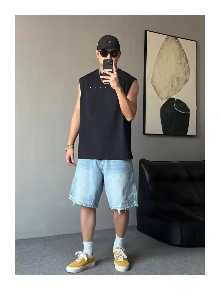 Fashion 2026 New Retro Personalized Ripped Denim Shorts Men's Summer Trendy Brand Ruffian Handsome Straight Baggy Medium Pants