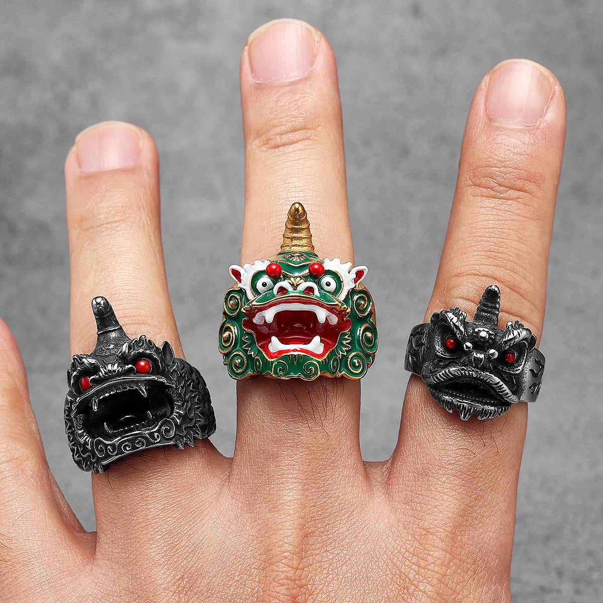 Chinese Lion Dance Unique Men Rings Stainless Steel Retro Punk Stylish Women Jewelry Fashion Accessories Gift Wholesale