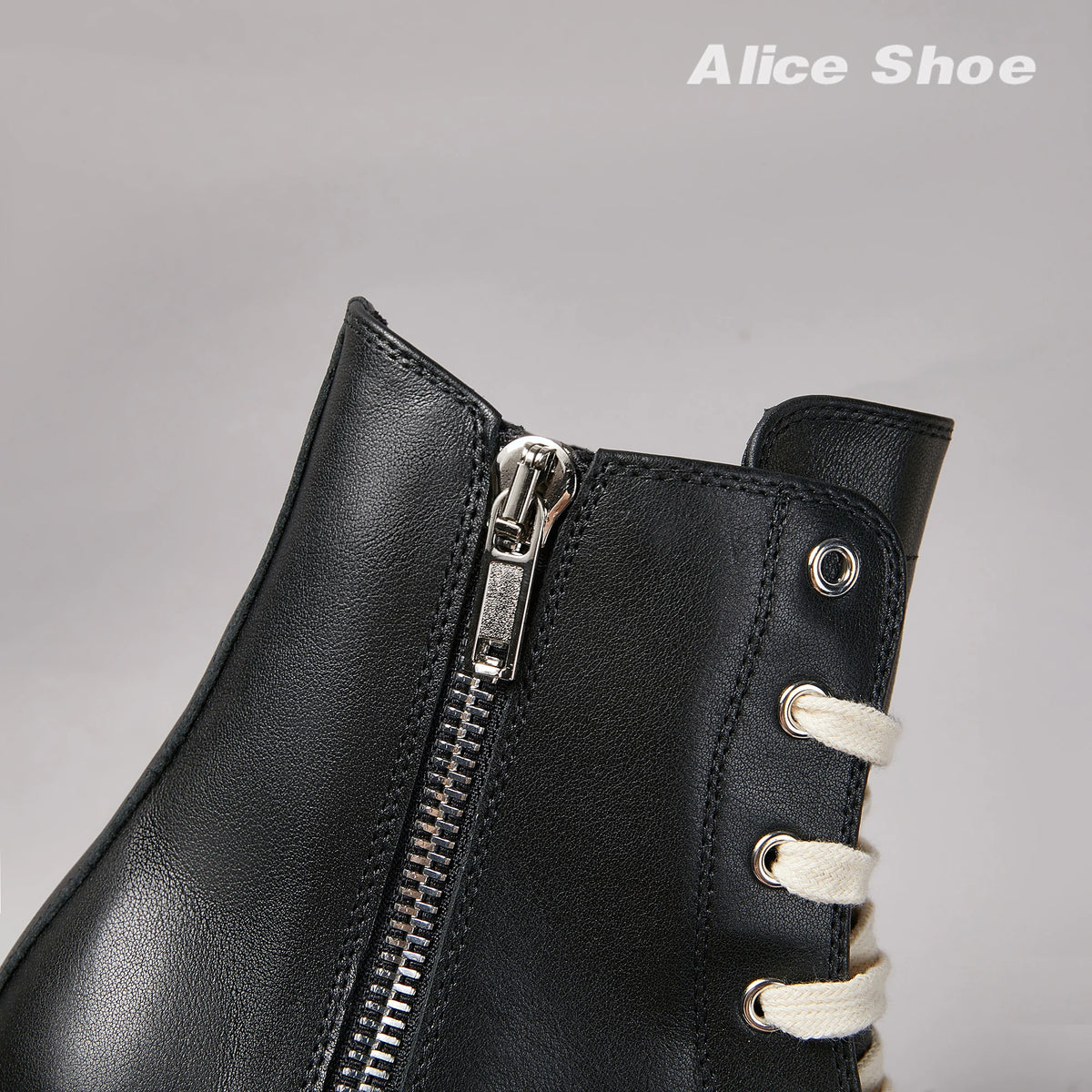 PENDRA Classic Punk Black Leather High-Top Zip Thick-Sole Platform Ankle Boots