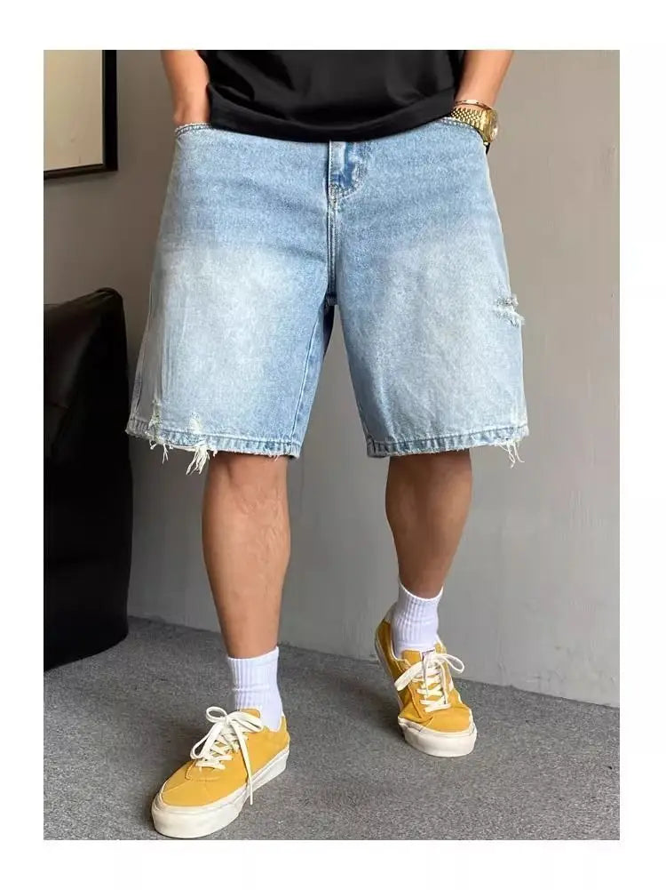 Fashion 2026 New Retro Personalized Ripped Denim Shorts Men's Summer Trendy Brand Ruffian Handsome Straight Baggy Medium Pants