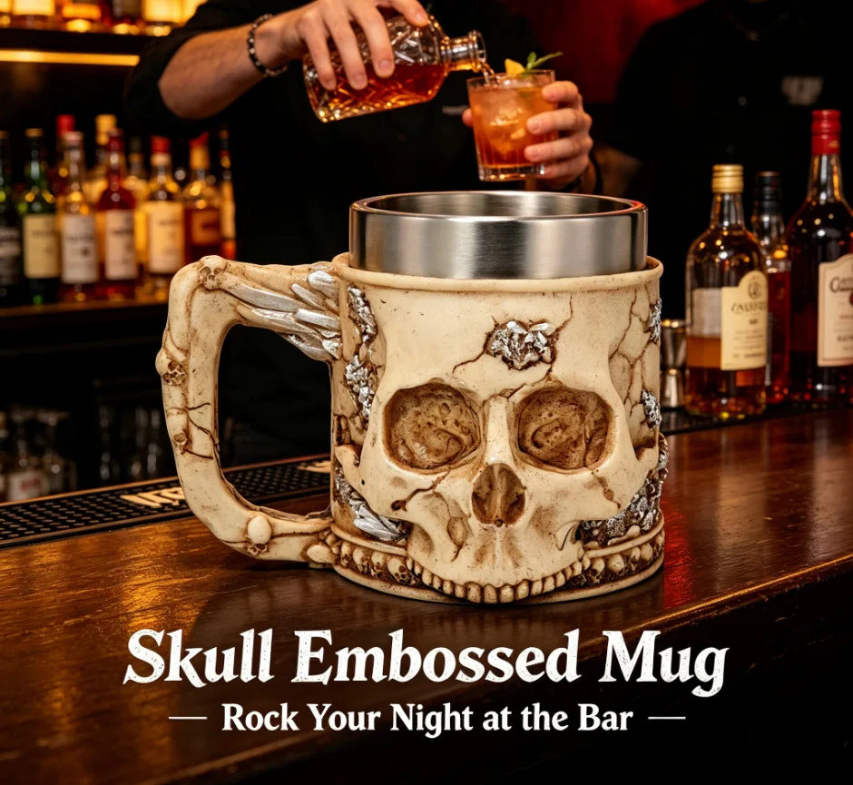 Halloween Spooky Skull Stein Mug 3D Relief Skeleton Pattern Stainless Steel Inner Tank Gothic Pub Bar Whiskey Wine Drink Cup