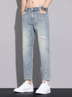 Ripped Jeans Men's 2025 Summer New Trendy Brand Ruffian Handsome Slim-fitting Elastic Straight Trendy Casual Cargo Work Pants