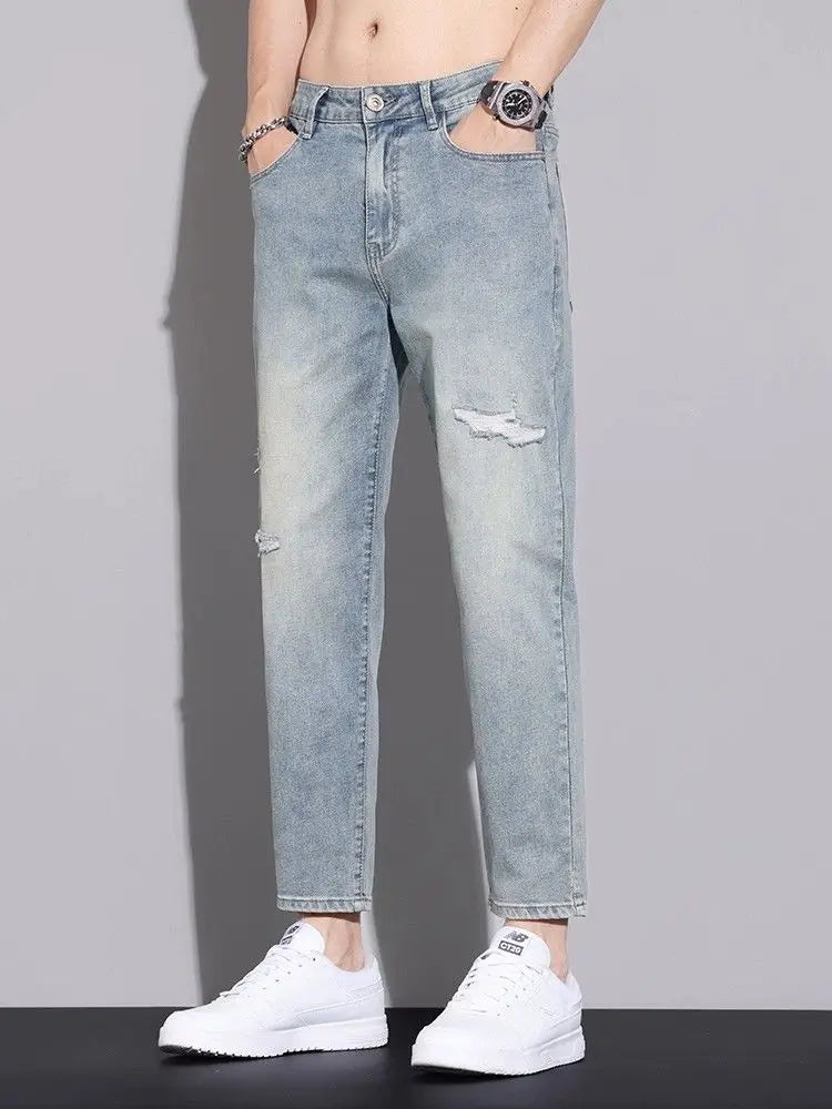 Ripped Jeans Men's 2025 Summer New Trendy Brand Ruffian Handsome Slim-fitting Elastic Straight Trendy Casual Cargo Work Pants