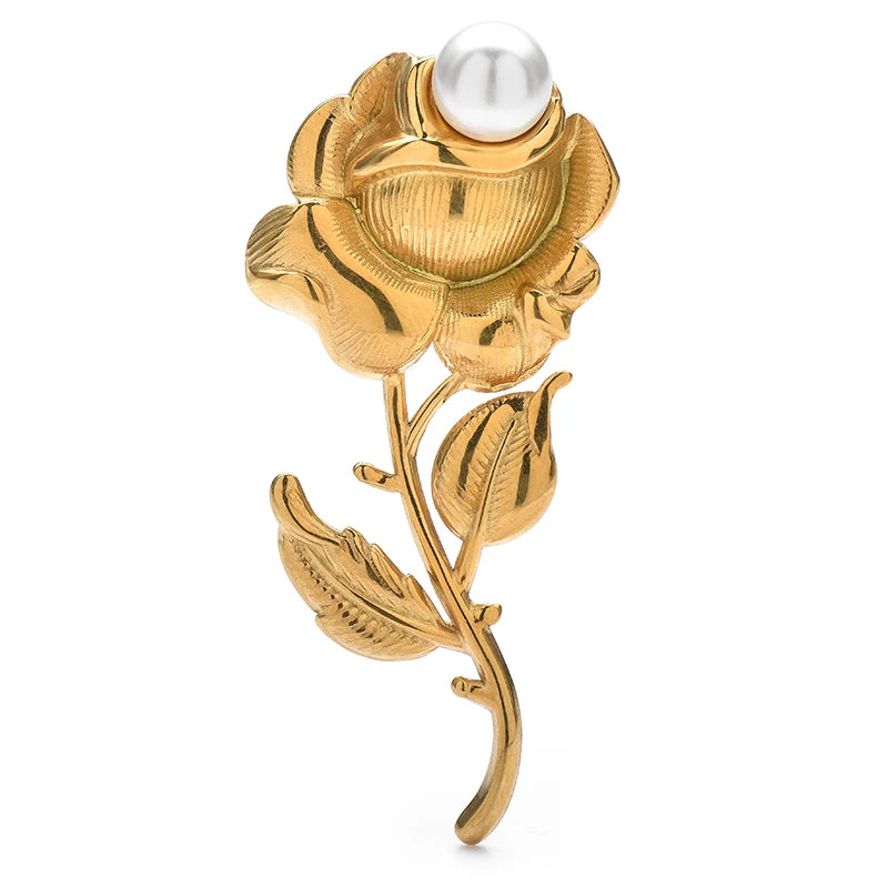 PENDRA Rosella Stainless Steel Pearl Rose Brooch