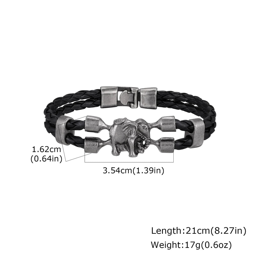 Vintage Elephant Black Leather Bracelet for Men,Trendy Elephant Charms Wristband Gift,An Elephant Never Forgets
