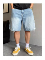 Fashion 2026 New Retro Personalized Ripped Denim Shorts Men's Summer Trendy Brand Ruffian Handsome Straight Baggy Medium Pants