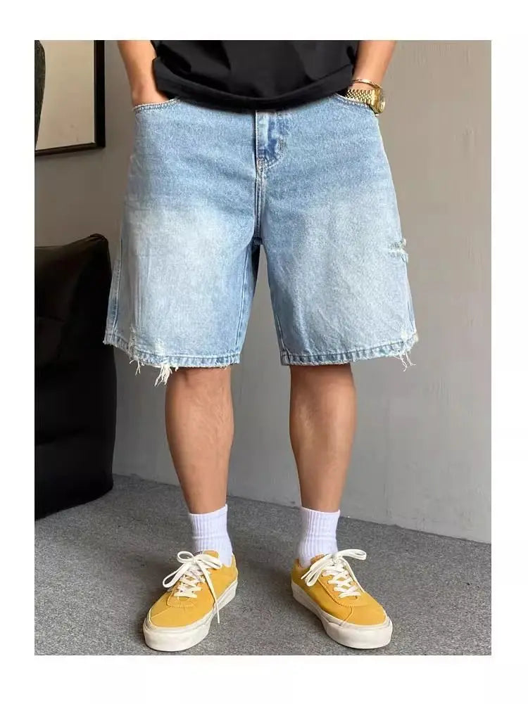 Fashion 2026 New Retro Personalized Ripped Denim Shorts Men's Summer Trendy Brand Ruffian Handsome Straight Baggy Medium Pants