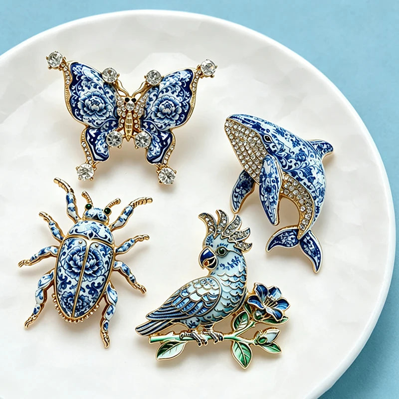 PENDRA Porcelain Animal Collection Rhinestone Brooch