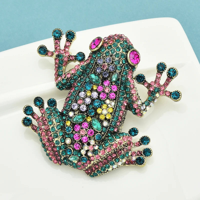 PENDRA Regal Frog Multicolor Rhinestone Brooch