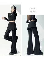 Fake two pieces fart curtain slightly flared pants women autumn winter high waisted buttons slimming floor hugging pants