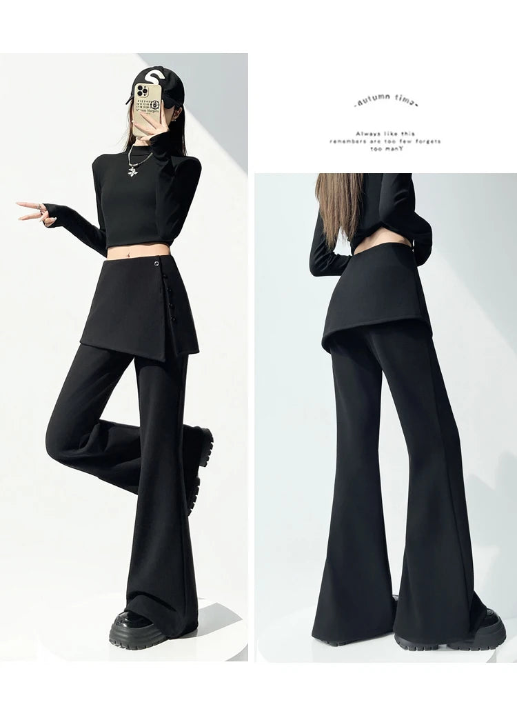 Fake two pieces fart curtain slightly flared pants women autumn winter high waisted buttons slimming floor hugging pants