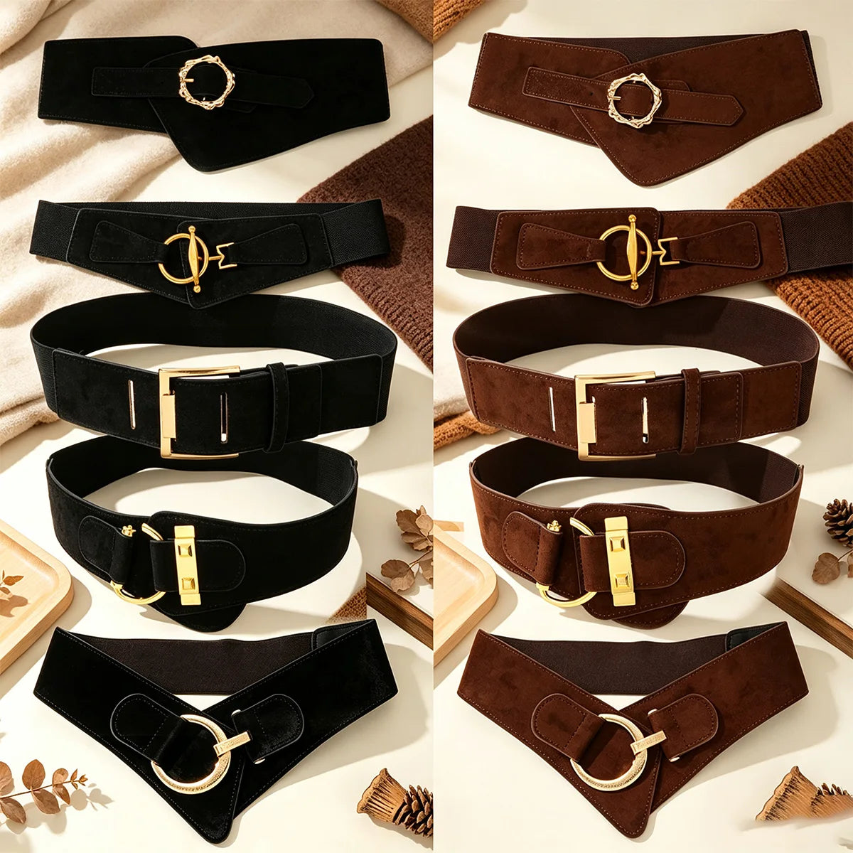 Vintage Waist Cincher Belt -Minimalist Suede Wide Belt for Women Adjustable Black Corset Strap with Pin Buckle for Pants Dresses