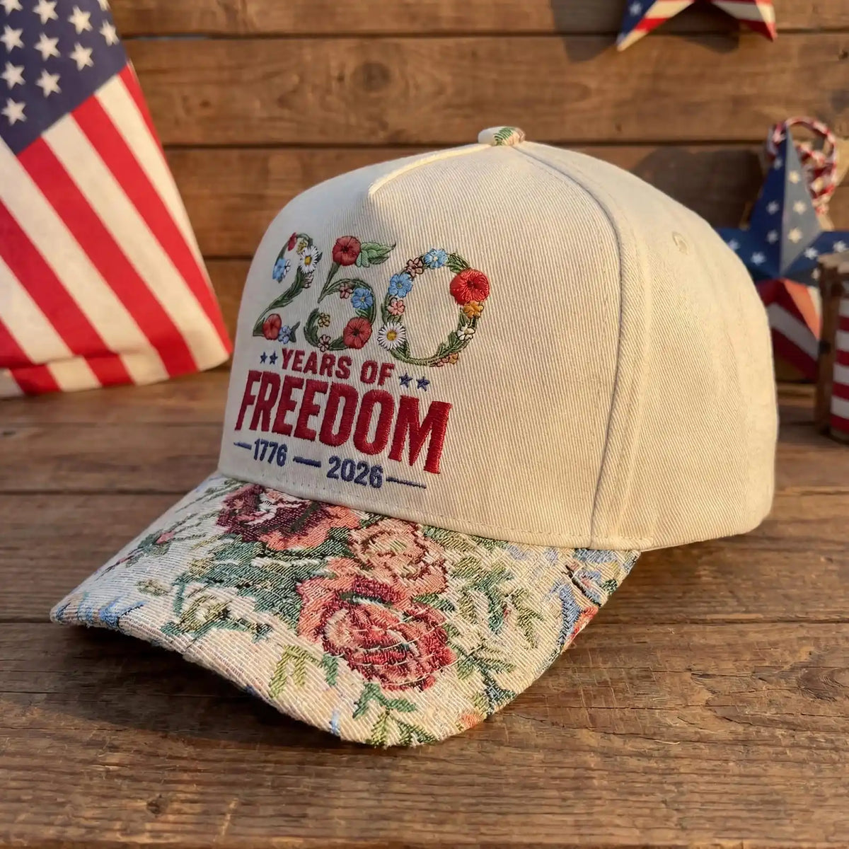Embroidered Floral USA 250th Anniversary Hat, 250 Years of Freedom Cap, America 1776-2026 Patriotic Gift, Vintage Floral Brim Ba