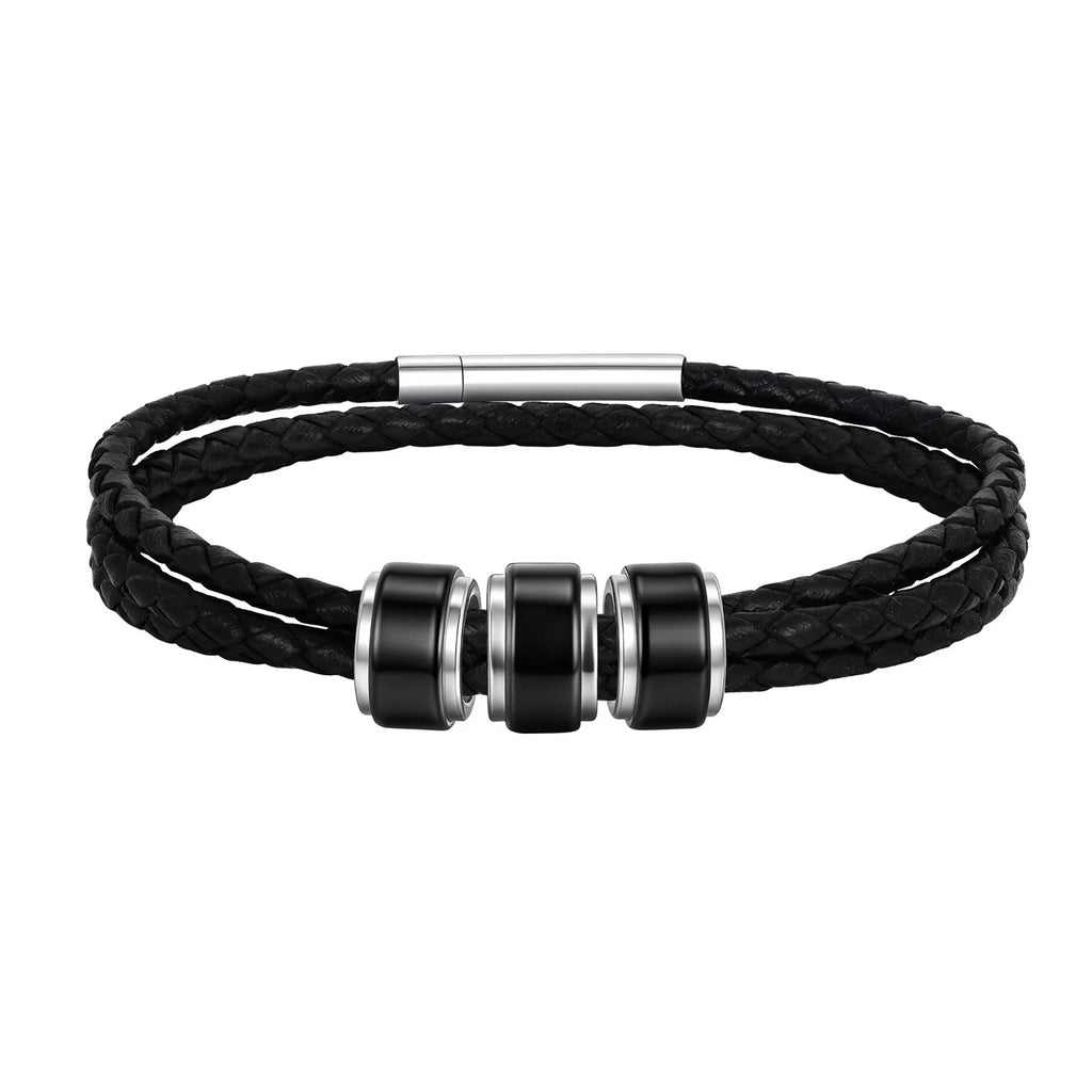 Customized Baeded Bracelets for Men Boys,3-Layers Leather Bracelet with Stainless Steel Tube,Jeweley Gift for Dad Husband