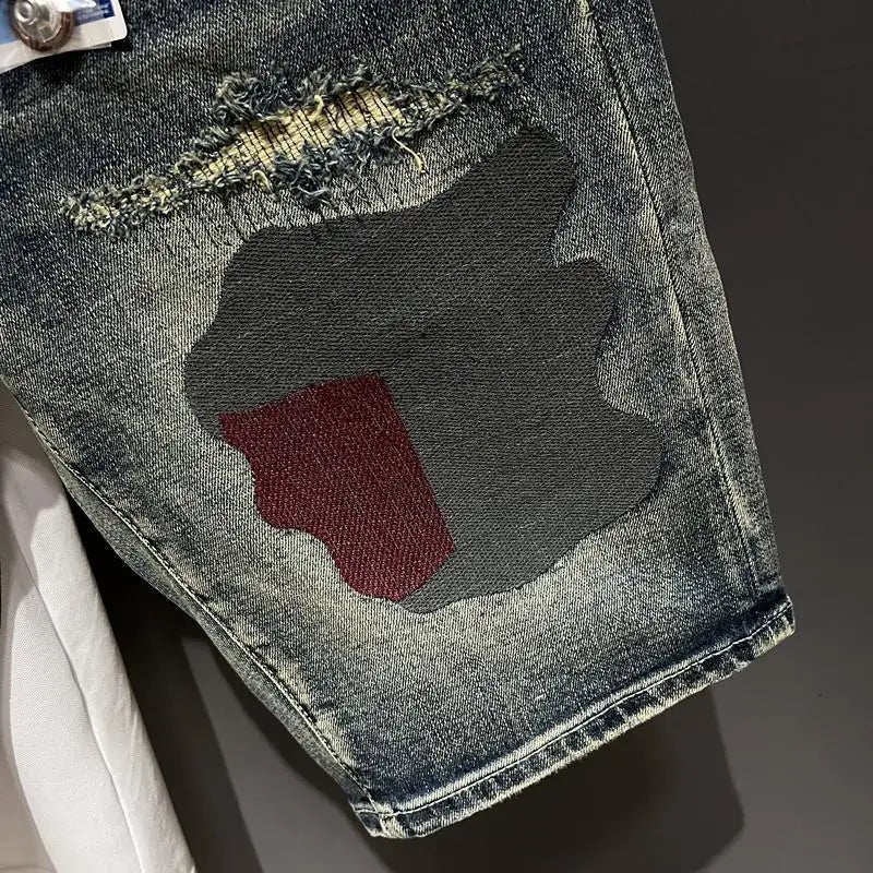 High-end Design Brand Embroidered Elastic Denim Shorts Men's Summer Middle Pants Slim-fitting Korean Breeches Jorts Shorts