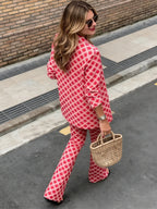 New Women's High-quality Digital Print Bohemian Style Two-piece Suit Set, Featuring a Long-sleeved Collared Jacket and Straight-leg Trousers. Machine Washable and Suitable for Everyday Wear.