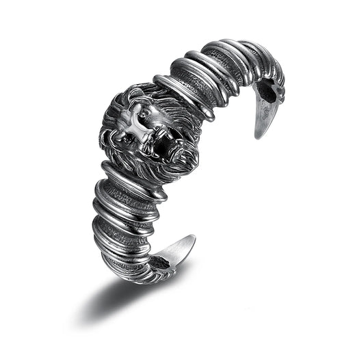 Classic Vintage Mighty Lion Head Metal Open Bracelet for Men Women Animal Bracelet Fashion Punk Biker Jewelry Gift Adjustable