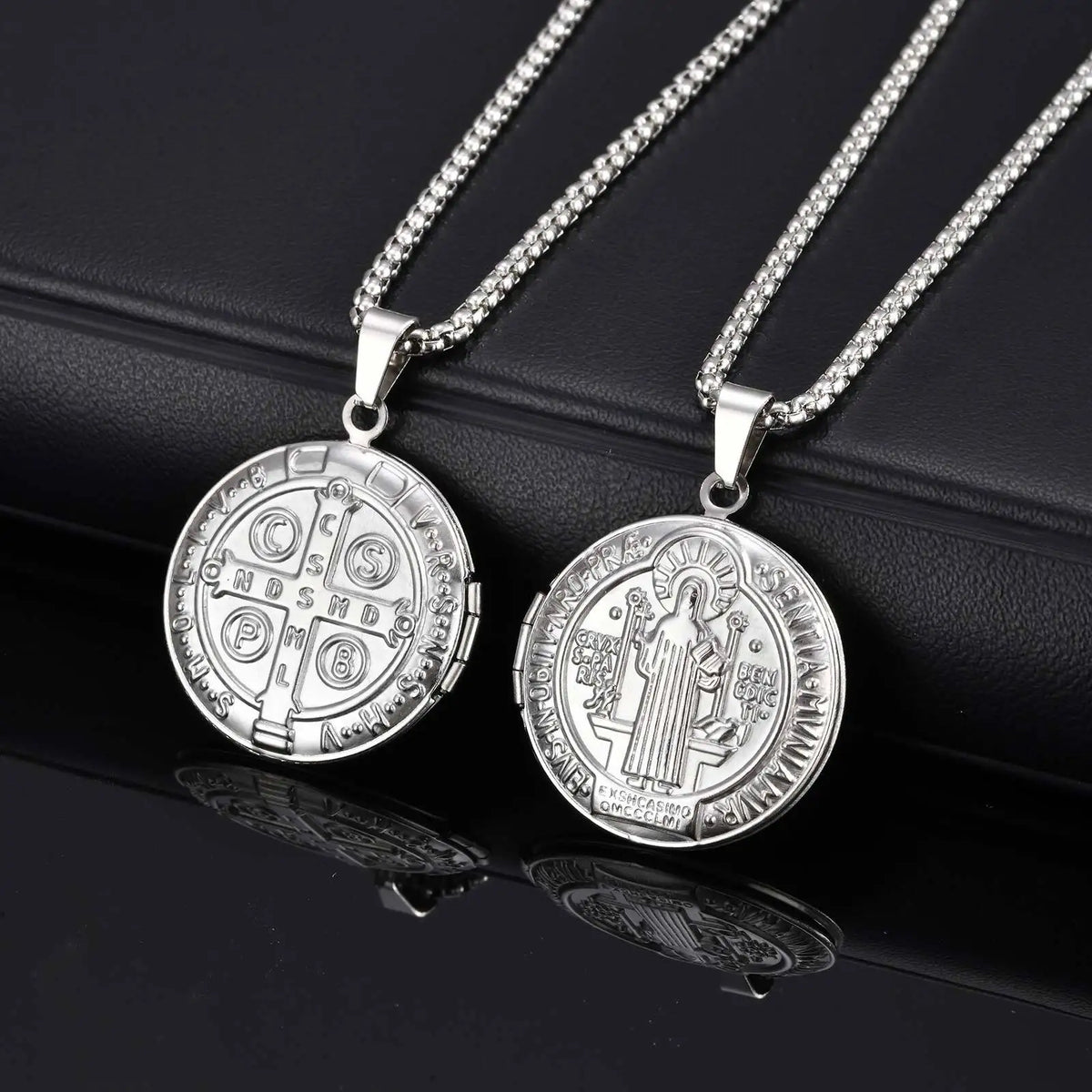Saint Benedict Necklace for Men Boys,Customized Photo Picture Stainless Steel Round Box Necklaces,Gift to Dad Husband BBF