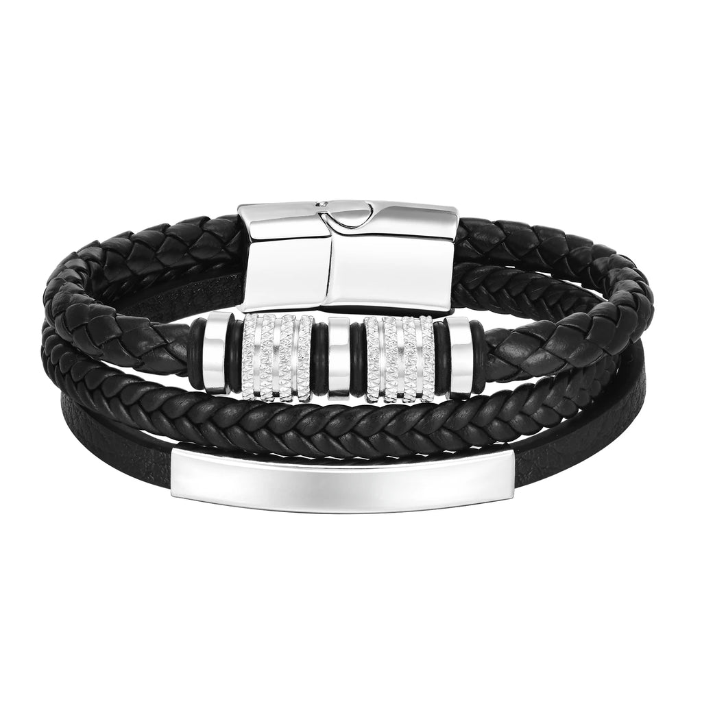 Black Multi Layers Leather Bracelet for Men,Metal Tube Charm Handmade Braided Rope Leather Bracelet,Gift for Husband Dad Son